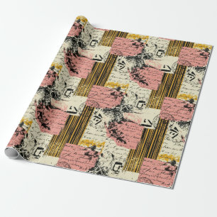 Vintage-Grunge-Collage Magenta Senf Schwarz Creme Geschenkpapier