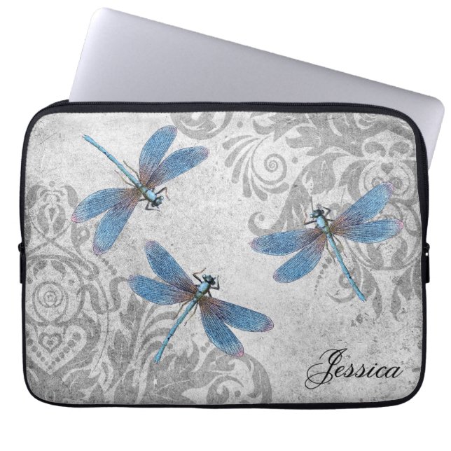 Vintage Grunge Damask und Libellen Laptopschutzhülle (Vorderseite)