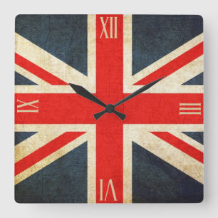 Vintage Grunge Union Jack Flag UK Roman Numbers Quadratische Wanduhr