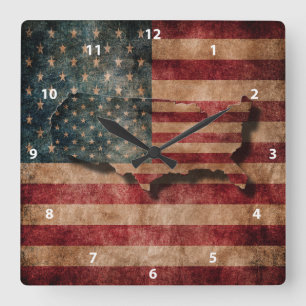 Vintage Grunge USA-Sterne u. Streifen-Flagge und Quadratische Wanduhr