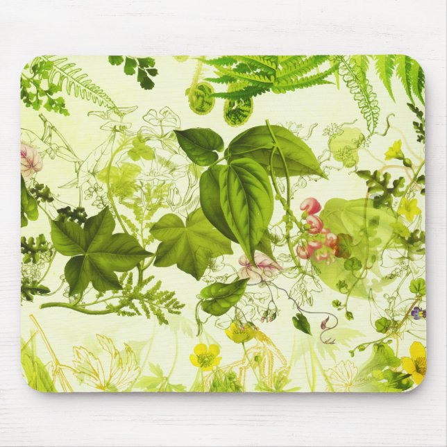 Vintage Grünpflanzen Botanische Wildblumen Wasserf Mousepad (Vorne)