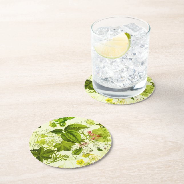 Vintage Grünpflanzen Botanische Wildblumen Wasserf Runder Pappuntersetzer (Vor Ort)