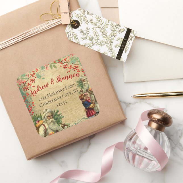 Vintage Grüntöne von Santa Red Berry Quadratischer Aufkleber (Schenken)