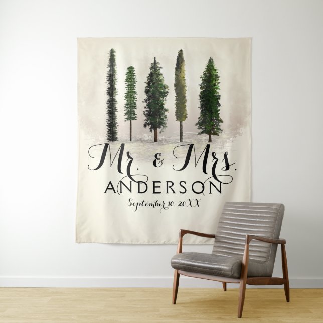 Vintage Grünwaldbäume Rustikale Woodsy-Hochzeit Wandteppich (Beispiel)