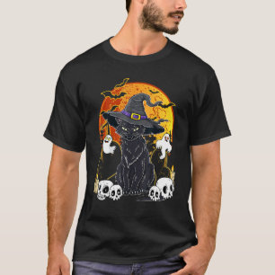 Vintage Grusel Halloween schwarzer Hexenhut Katze T-Shirt