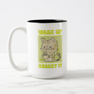 Vintage-Gruselige-Katze-Illustration-Wach-auf-und- Zweifarbige Tasse