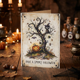 Vintage Gruseliger Halloween-Baum Karte