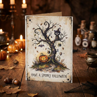 Vintage Gruseliger Halloween-Baum Karte