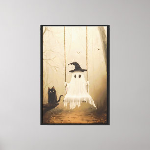 Vintage Gruselwald – Geist & schwarze Katze Leinwanddruck