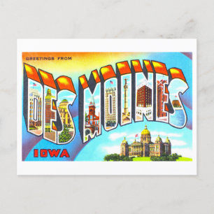Vintage Grüße aus Des Moines, Iowa, Postkarte