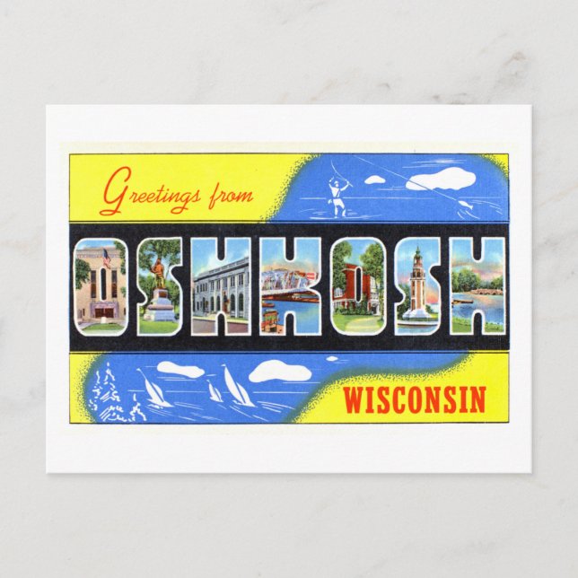 Vintage Grüße aus Oshkosh, Wisconsin, Postkarte (Vorderseite)