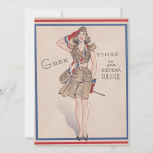 Vintage-Grüße Mädchen Geburtstag Soldat Feiertagskarte