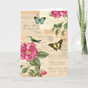 Vintage Grußkarte mit Rose und Schmetterlingen Karte