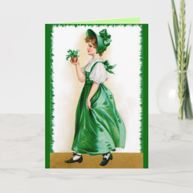 Vintage Grußkarte St. Patricks - süßes Mädchen Karte (Vorderseite)