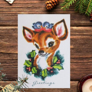 Vintage Grußkarten mit Rudolph und blauen Vögeln  Feiertagskarte