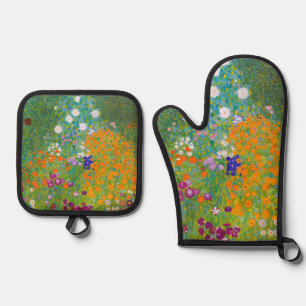Vintage-Gustav-Klimt-Häuslicher-Garten-Blumenkunst Ofenhandschuh & Topflappen-Set