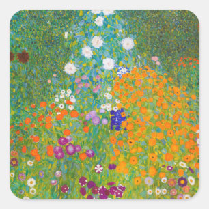 Vintage-Gustav-Klimt-Häuslicher-Garten-Blumenkunst Quadratischer Aufkleber