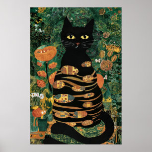 Vintage Gustav Klimt Schwarze Katze in einem Blume Poster