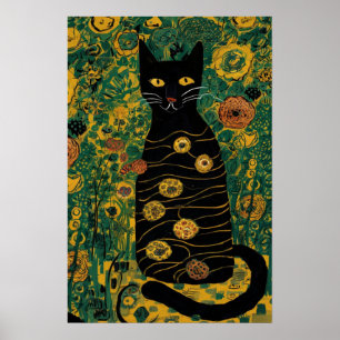 Vintage Gustav Klimt Schwarze Katze in einem Blume Poster