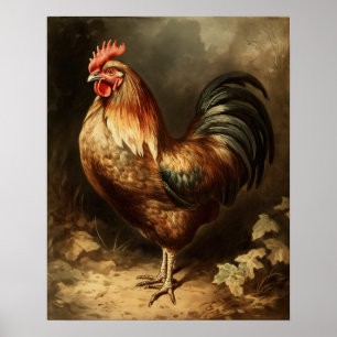 Vintage-Hahn-Bauernhaus-Kunstprint Poster