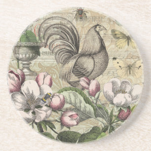 Vintage Hahn Garten Collage Kunst: Französisches L Getränkeuntersetzer