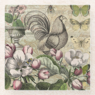 Vintage Hahn Garten Collage Kunst: Französisches L Glasuntersetzer
