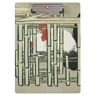 Vintage-Hahn hinter Bambuszaun-Kunst Klemmbrett