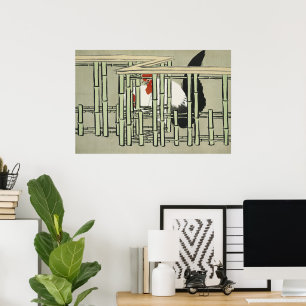 Vintage-Hahn hinter Bambuszaun-Kunst Poster