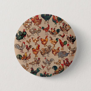 Vintage Hahn Hühner Muster: Farmhouse-Kunst Button