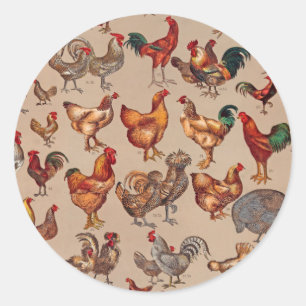 Vintage Hahn Hühner Muster: Farmhouse-Kunst Runder Aufkleber