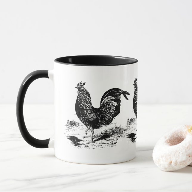 Vintage Hahn-Tasse des Schwarz-weißen Landes Tasse (Mit Donut)