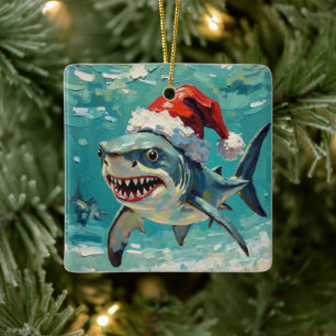 Vintage-Hai mit Weihnachtsmannmütze Weihnachtskuns Keramikornament