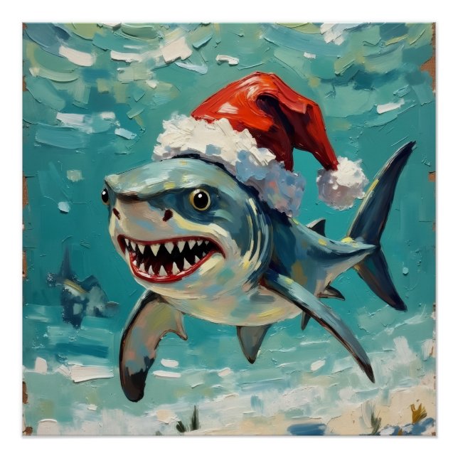 Vintage-Hai mit Weihnachtsmannmütze Weihnachtskuns Poster (Vorderseite)