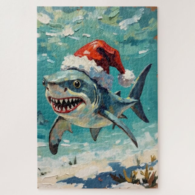 Vintage-Hai mit Weihnachtsmannmütze Weihnachtskuns Puzzle (Vertikal)