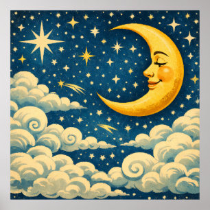 Vintage-Halbmond-Nachthimmel Poster