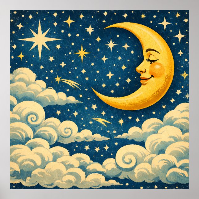 Vintage Halbmond-Nachthimmel Poster (Vorne)