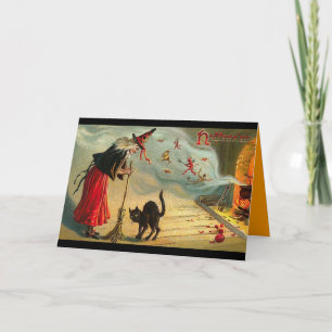 Vintage Halloween Art - Cat trifft die Hexe ! Karte