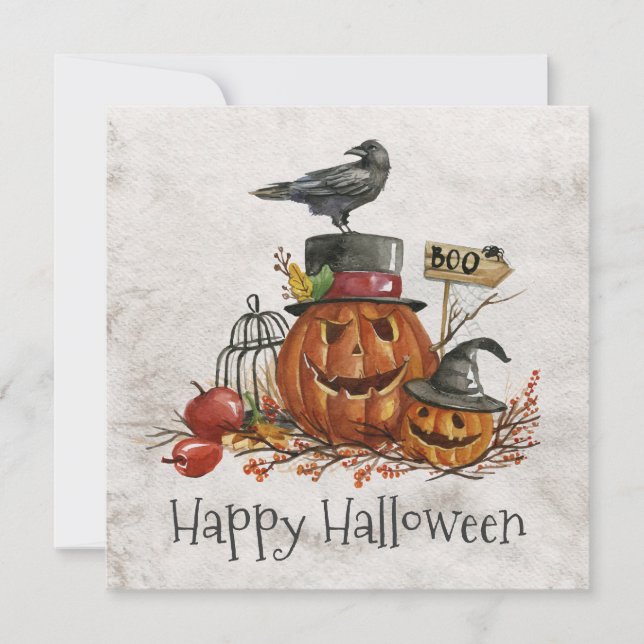 Vintage Halloween Black Bird & Pumpkins Einladung (Vorderseite)