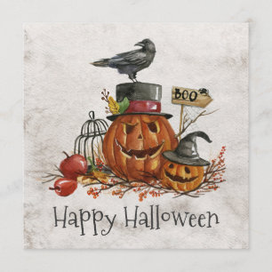 Vintage Halloween Black Bird & Pumpkins Einladung
