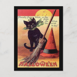 Vintage Halloween Black Cat Hexenkarte Postkarte