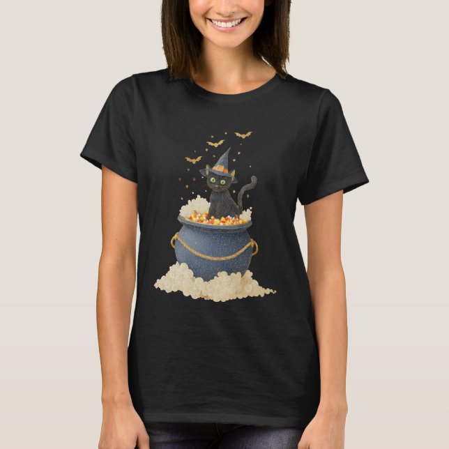 Vintage Halloween Black Cat in Cauldron T - Shirt (Vorderseite)