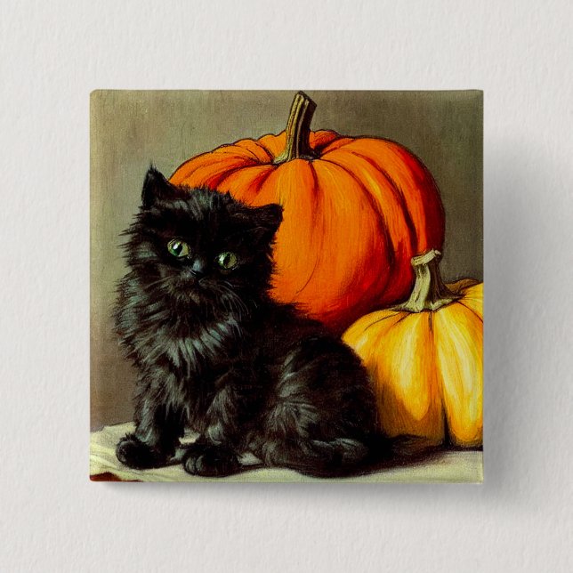 Vintage Halloween Black Cat und Pumpkins Button (Vorderseite)