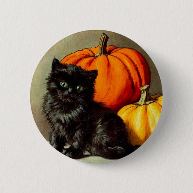 Vintage Halloween Black Cat und Pumpkins Button (Vorderseite)