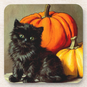 Vintage Halloween Black Cat und Pumpkins Getränkeuntersetzer