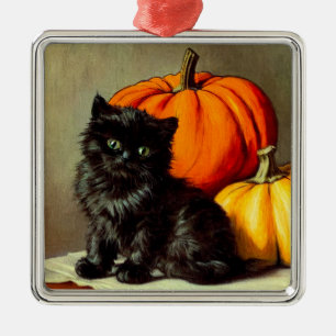 Vintage Halloween Black Cat und Pumpkins Ornament Aus Metall