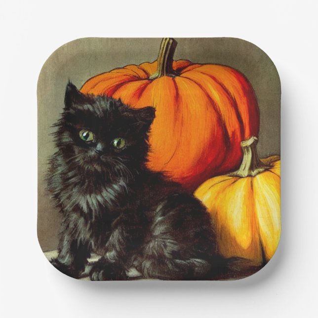 Vintage Halloween Black Cat und Pumpkins Pappteller (Vorderseite)