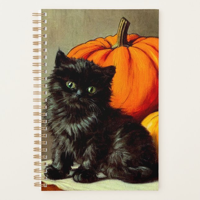Vintage Halloween Black Cat und Pumpkins Planer (Vorderseite)