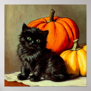 Vintage Halloween Black Cat und Pumpkins Poster