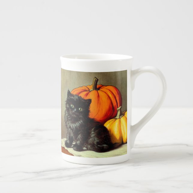 Vintage Halloween Black Cat und Pumpkins Prozellantasse (Rechts)
