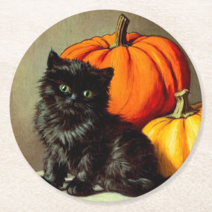 Vintage Halloween Black Cat und Pumpkins Runder Pappuntersetzer